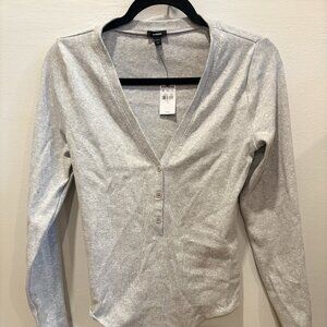 Express Gray Ribbed Puff Sleeve Henley Bodysuit | Size Medium